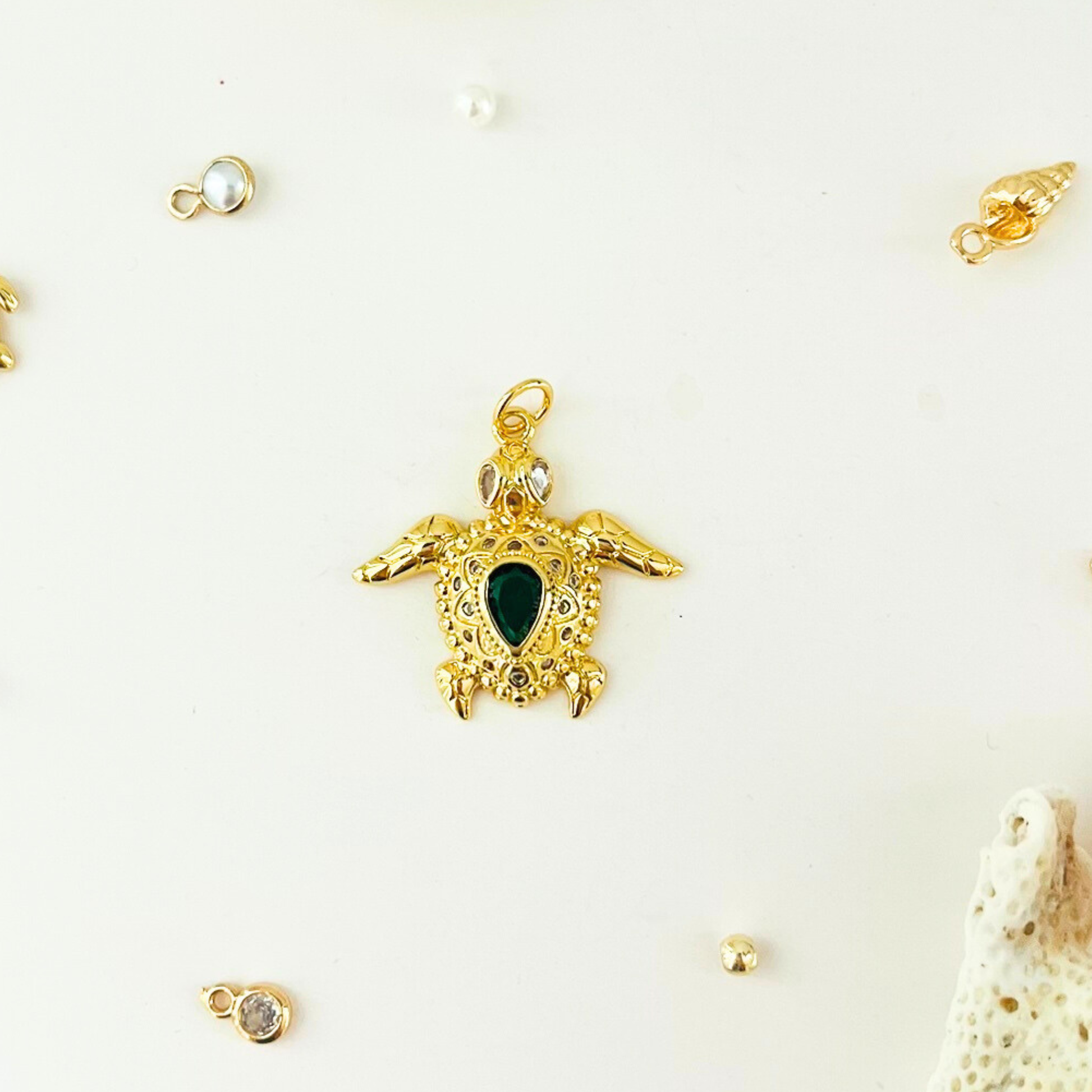 Ocean Treasures | 14K Gold Plated Turtle Pendant | Green CZ | Interchangeable Charm Pendant