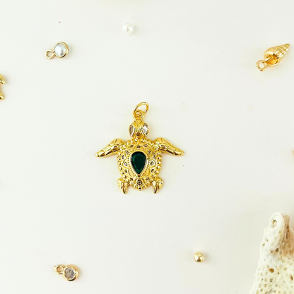 Ocean Treasures | 14K Gold Plated Turtle Pendant | Green CZ | Interchangeable Charm Pendant