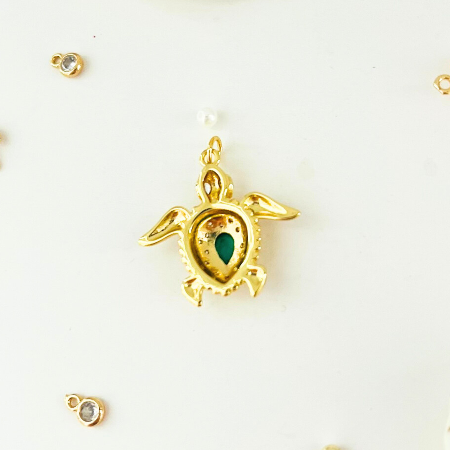 Ocean Treasures | 14K Gold Plated Turtle Pendant | Green CZ | Interchangeable Charm Pendant