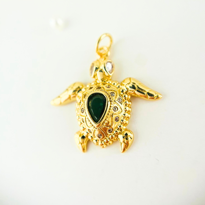 Ocean Treasures | 14K Gold Plated Turtle Pendant | Green CZ | Interchangeable Charm Pendant
