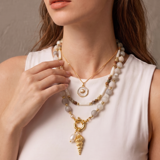 White Crazy Lace Agate Gemstone Necklace with Gold-Plated Charm Clasp Gemstone Necklace