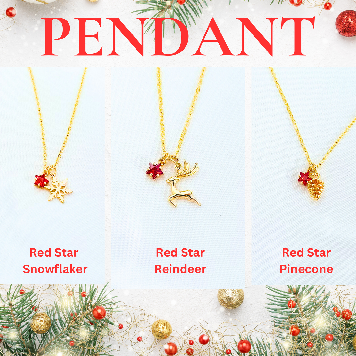 Red Star Christmas Necklace with Gold Card - Snowflake, Pinecone & Reindeer Charm