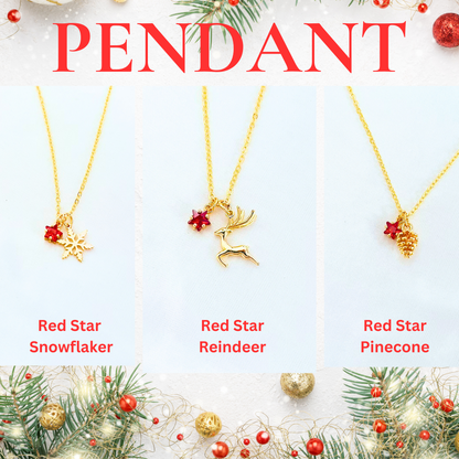 Red Star Christmas Necklace with Gold Card - Snowflake, Pinecone & Reindeer Charm