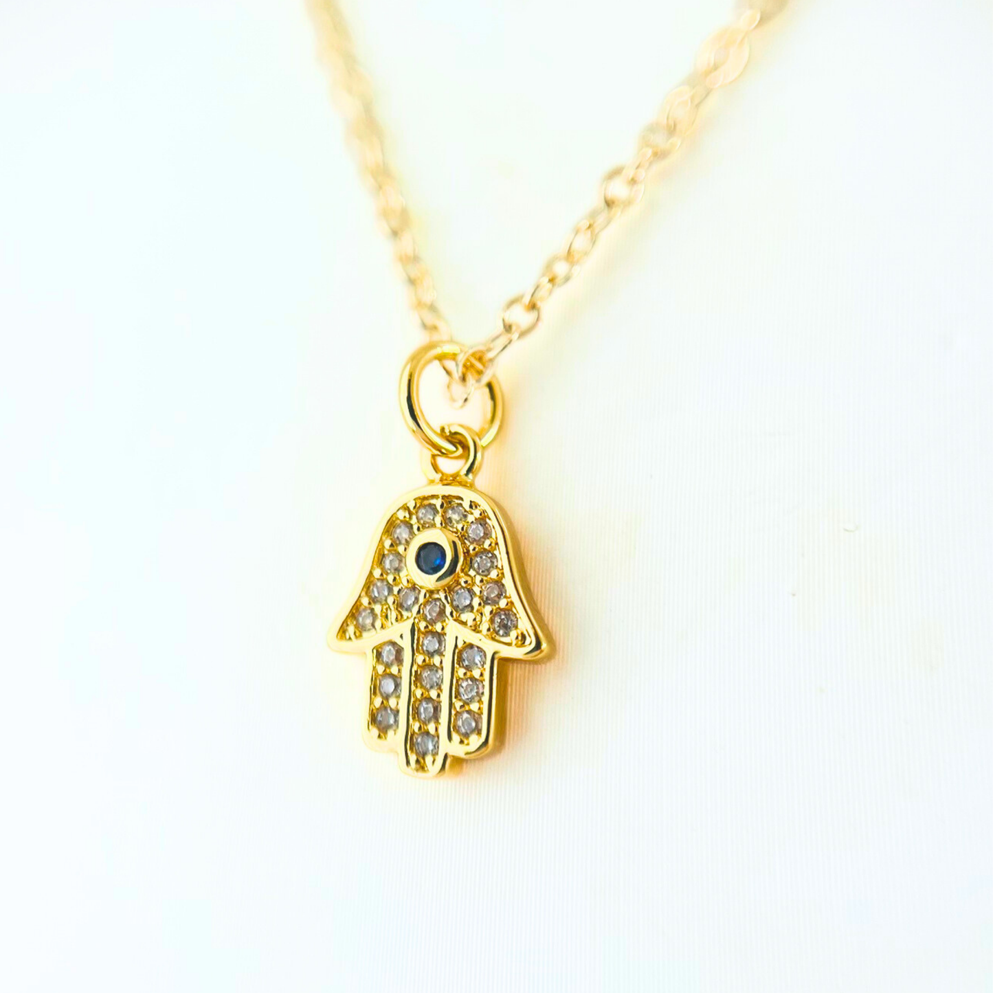 Mini Hamsa Hand Necklace | Blue & Clear CZ | 14K Gold Plated Necklace