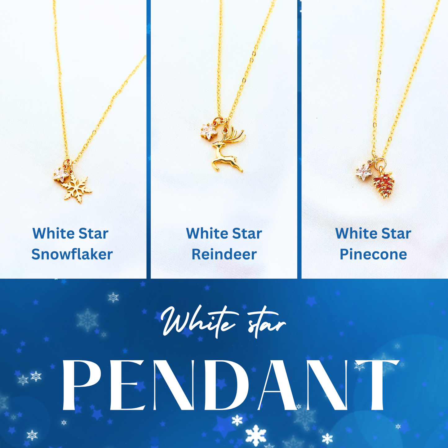 Clear Star Christmas Necklace with Gold Card - Snowflake, Pinecone & Reindeer Charm
