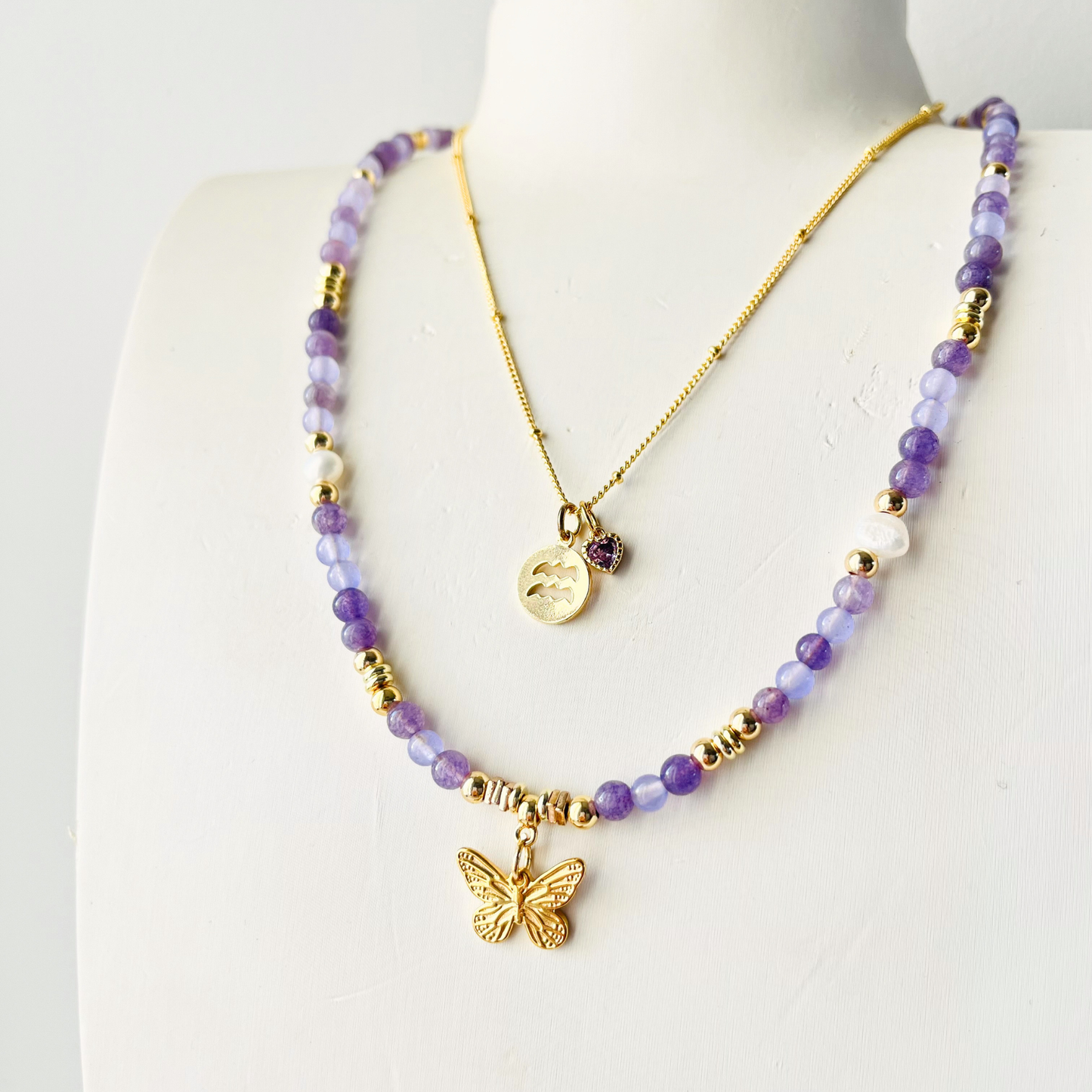 Lavender Purple Chalcedony Gemstone Necklace | Gold Plated Butterfly Pendant & Nugget Pearls Gemstone Necklace