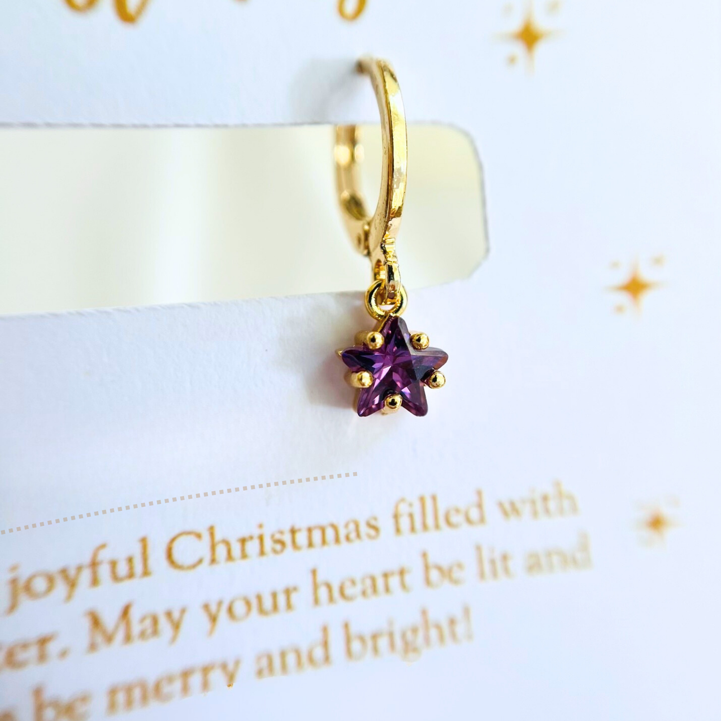 Birthstone Star Earrings with Gold Christmas Card - Jan to Dec - Personalized Gift