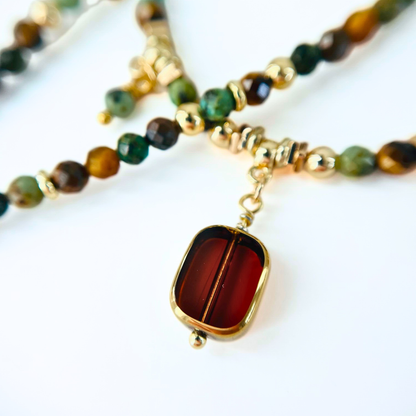 African Turquoise & Tiger Eye Gemstone Necklace - Boho Moon Star Charm