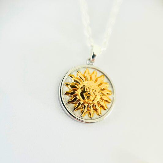 Two-Tone Vintage Sun Necklace | Gold Plated Chain with Water-Resistant Pendant Necklace