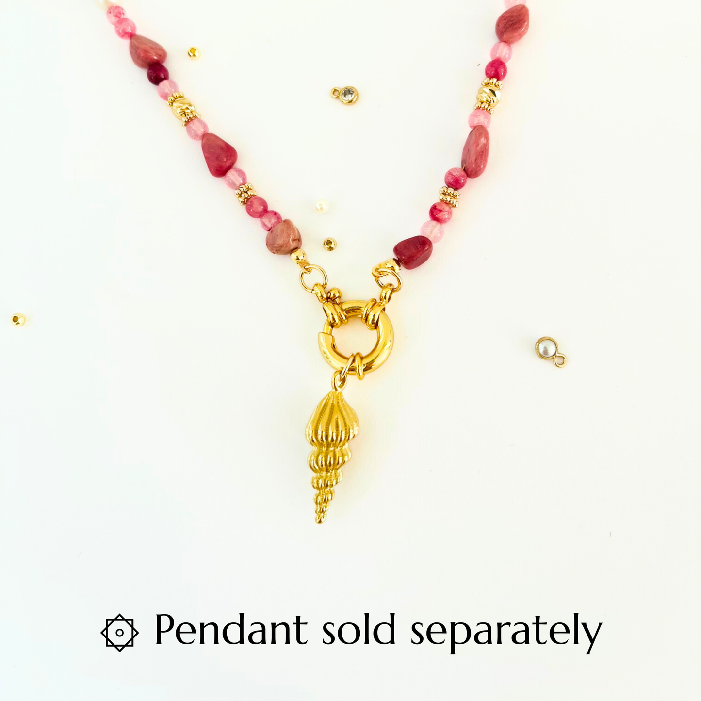 Pink Rhodochrosite and Pearl Natural Gemstone Necklace - Gold Plated Interchangeable Clasp Gemstone Necklace