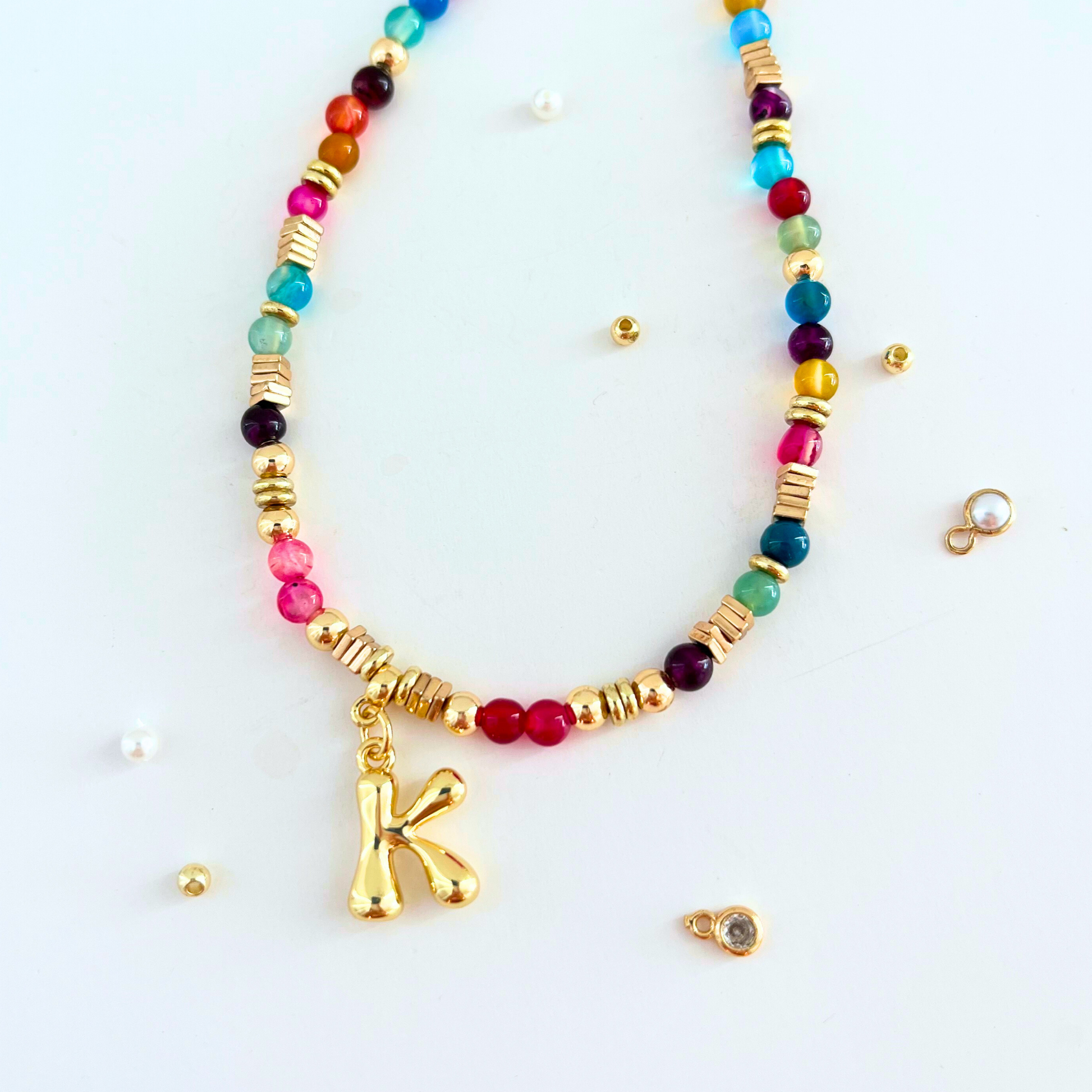 Customizable Black & Montana Agate Natural Gemstone Necklace with Bubble Letter Pendant Initial Charm Gemstone Necklace Gemstone Necklace
