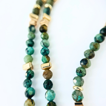 African Turquoise Gemstone Necklace with Evil Eye Sun Moon Star Charms