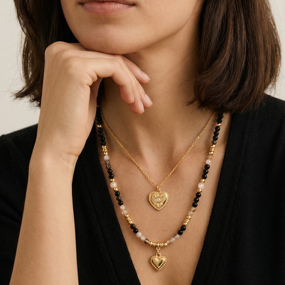 Black & Montana Agate Natural Gemstone Necklace | Gold Plated Heart & Nugget Pearls Gemstone Necklace