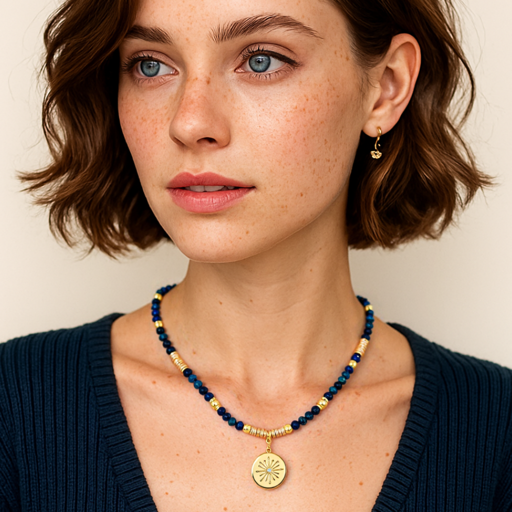 Lapis Lazuli Gemstone Necklace with Gold Plated CZ Star Round Pendant