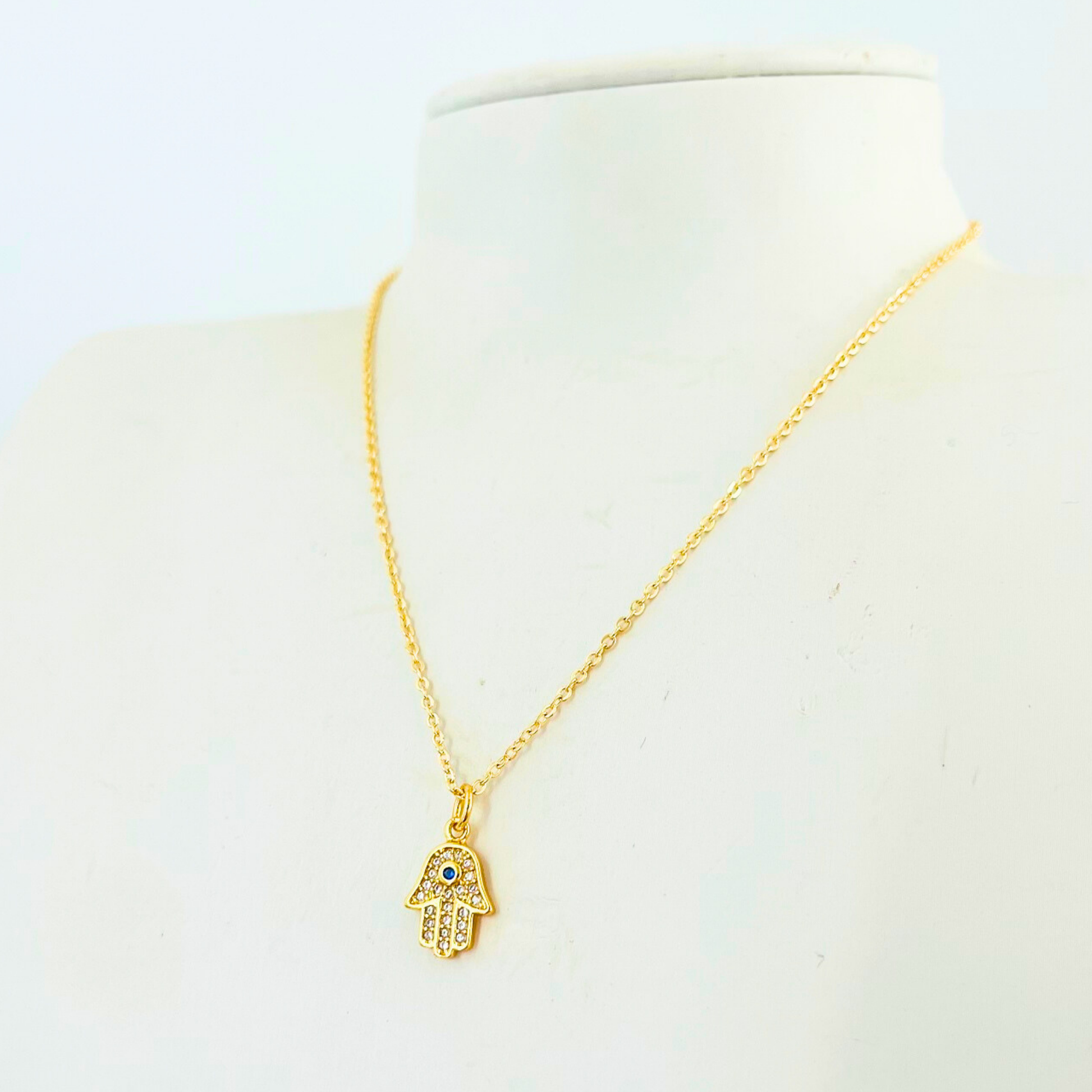 Mini Hamsa Hand Necklace | Blue & Clear CZ | 14K Gold Plated Necklace