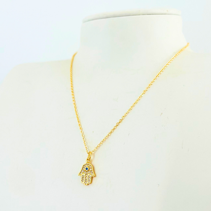 Mini Hamsa Hand Necklace | Blue & Clear CZ | 14K Gold Plated Necklace