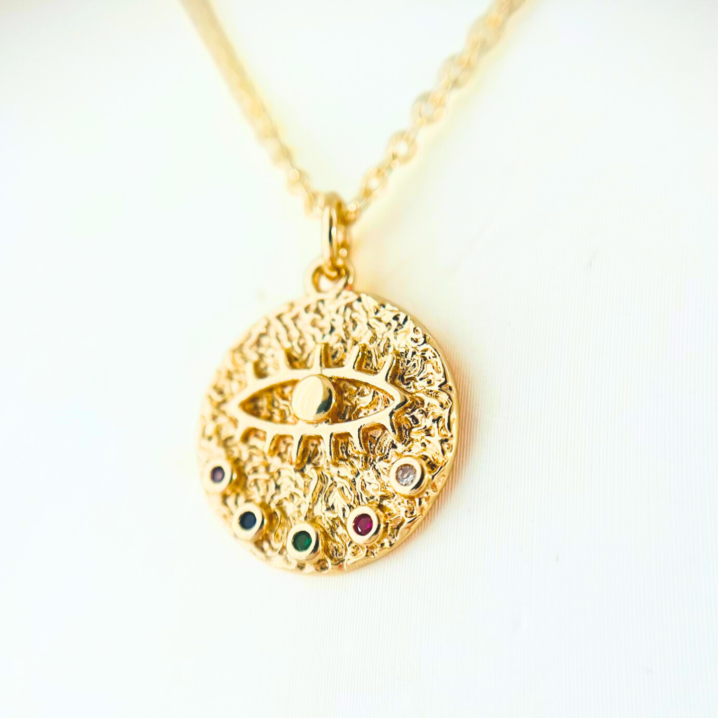 Classic Round Evil Eye Necklace | Multi-Colour CZ | 14K Gold Plated Necklace