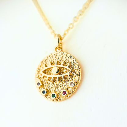 Classic Round Evil Eye Necklace | Multi-Colour CZ | 14K Gold Plated Necklace