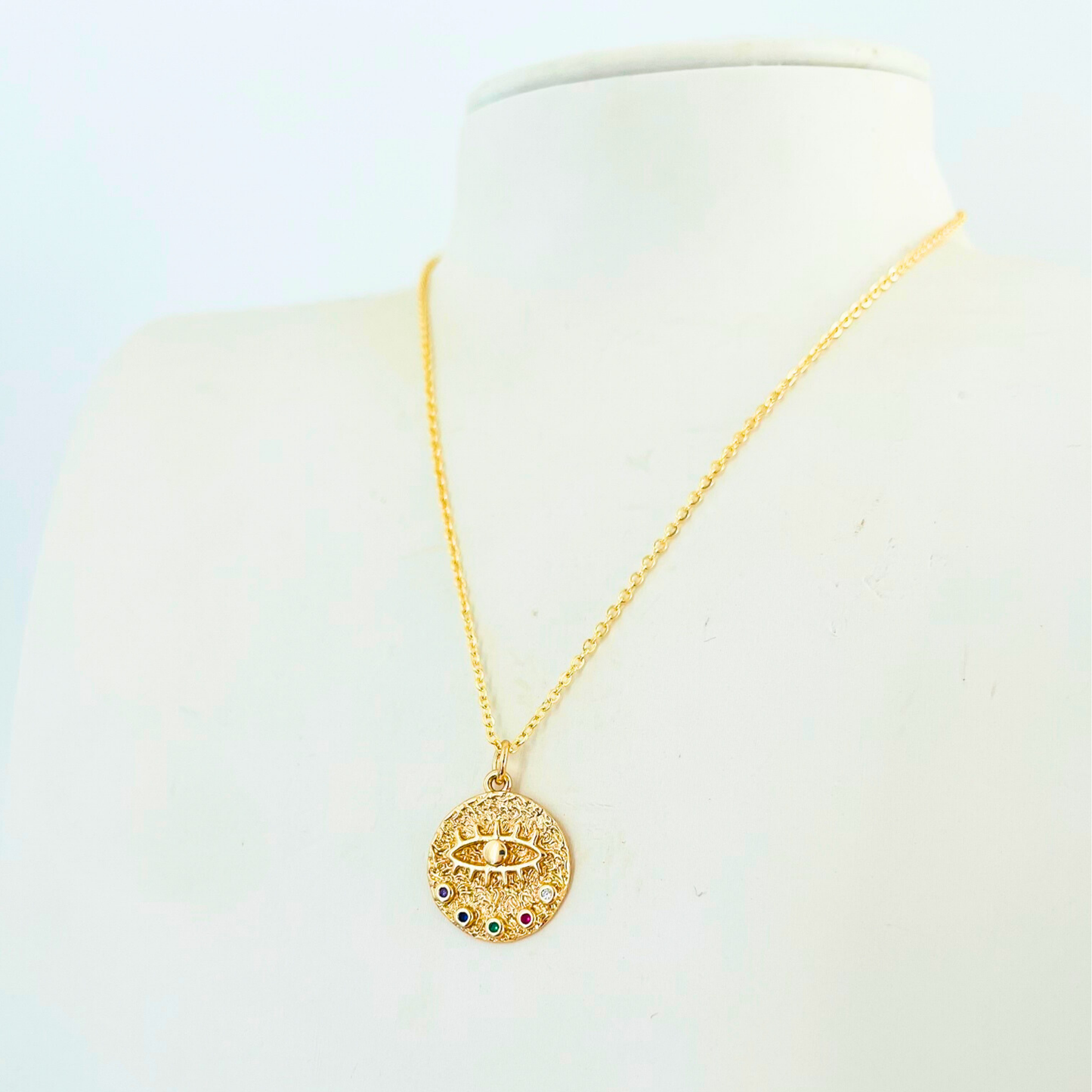 Classic Round Evil Eye Necklace | Multi-Colour CZ | 14K Gold Plated Necklace
