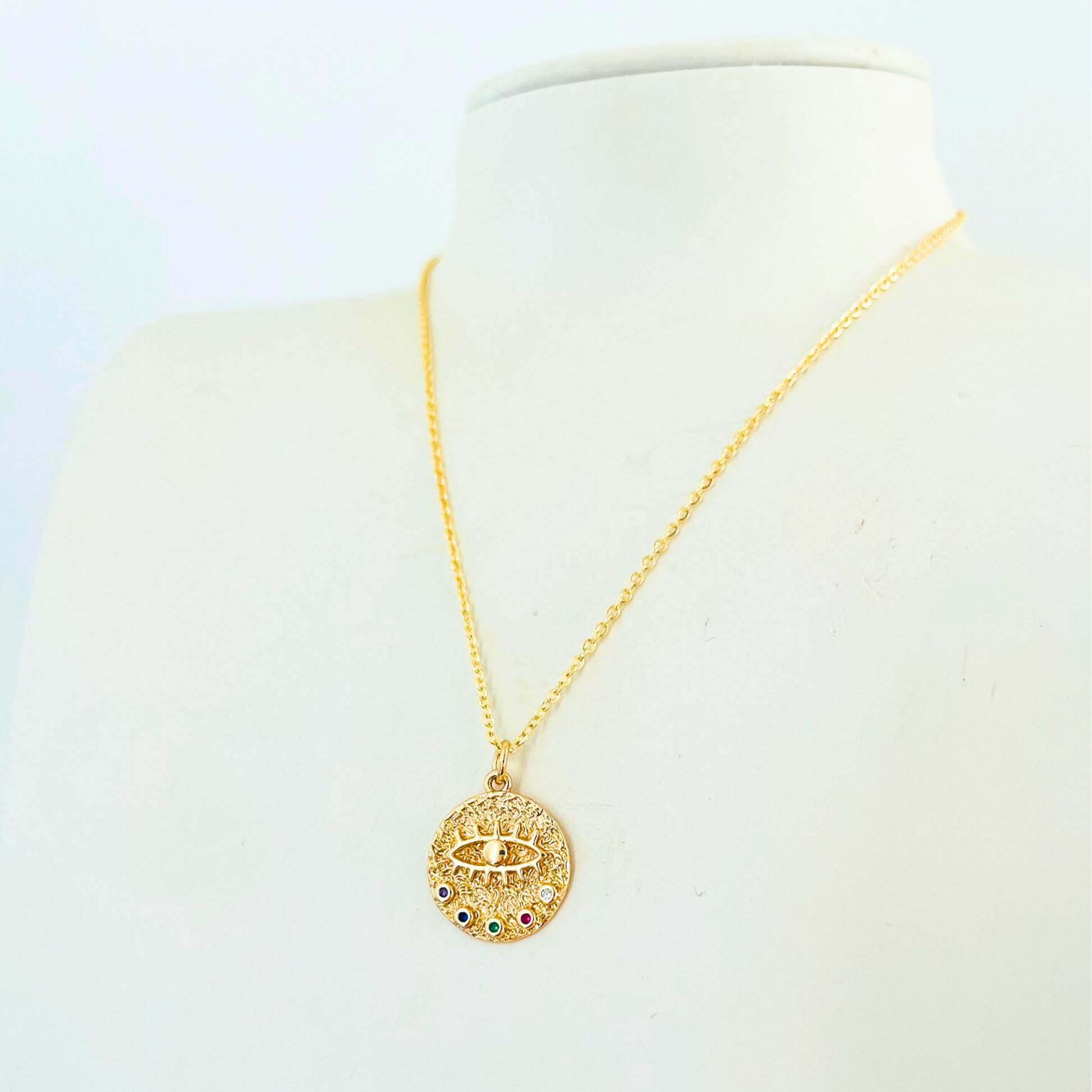 Classic Round Evil Eye Necklace | Multi-Colour CZ | 14K Gold Plated Necklace