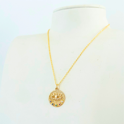 Classic Round Evil Eye Necklace | Multi-Colour CZ | 14K Gold Plated Necklace