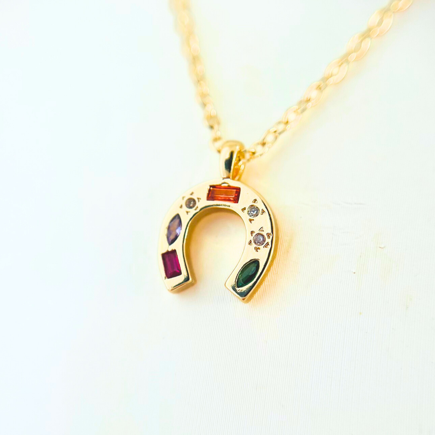 Gemstone CZ Horseshoe Pendant Necklace | Gold Pendant Necklace