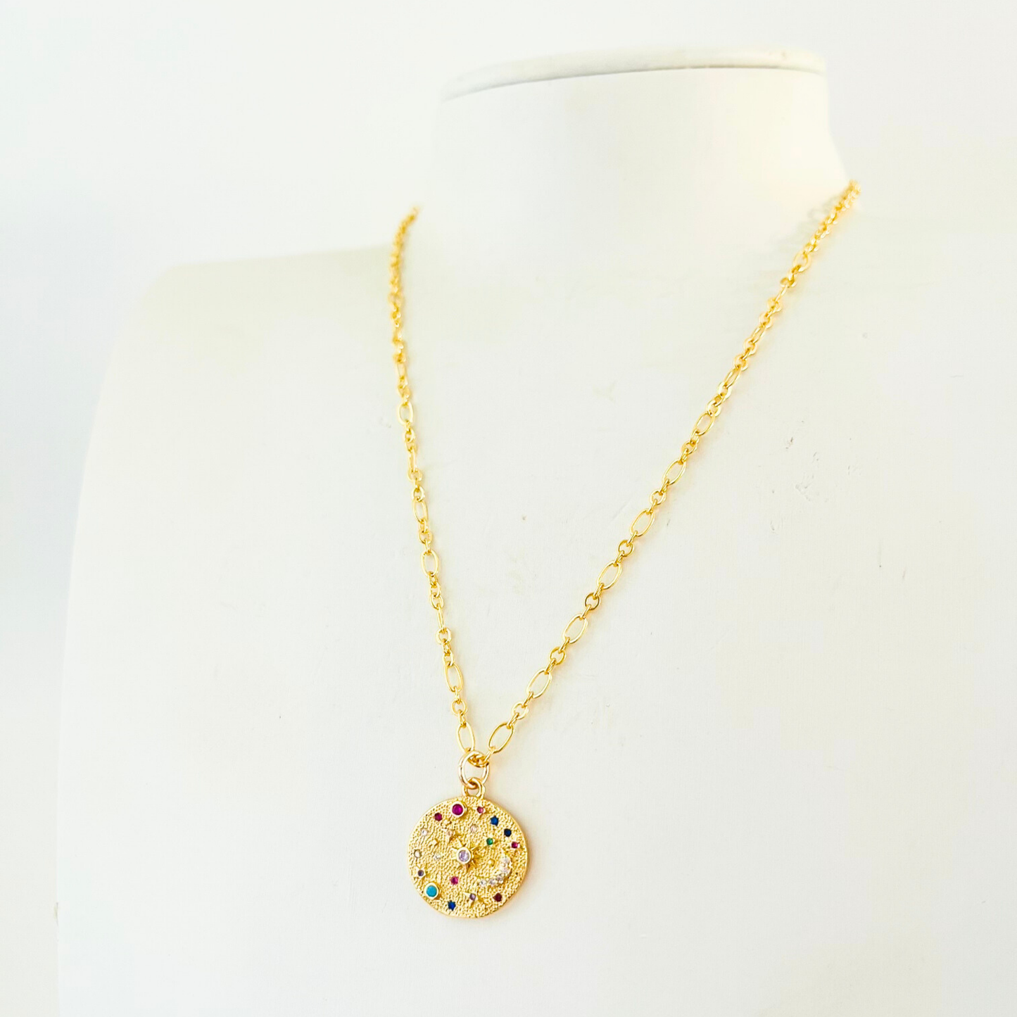 Rainbow CZ Moon Star Necklace | Gold Hammered Celestial Pendant Necklace