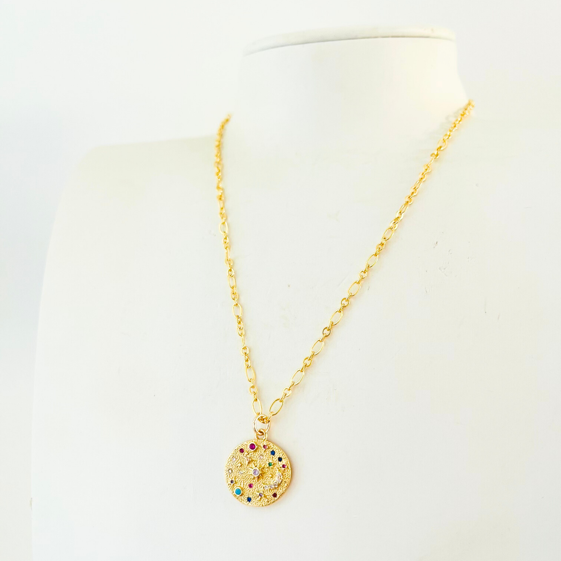 Rainbow CZ Moon Star Necklace | Gold Hammered Celestial Pendant Necklace