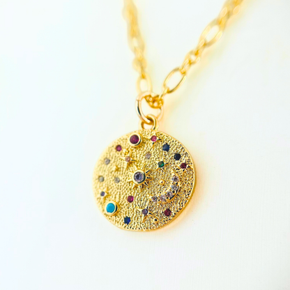 Rainbow CZ Moon Star Necklace | Gold Hammered Celestial Pendant Necklace