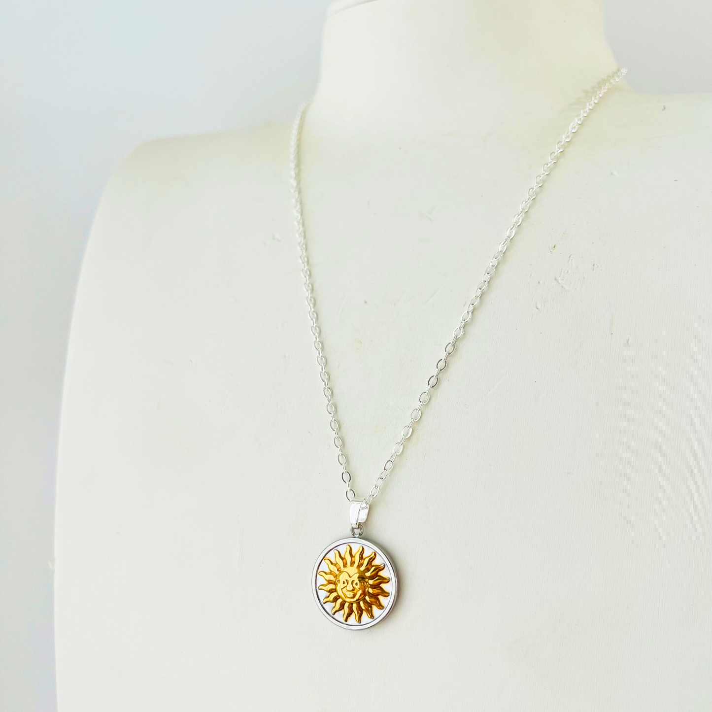 Two-Tone Vintage Sun Necklace | Gold Plated Chain with Water-Resistant Pendant Necklace