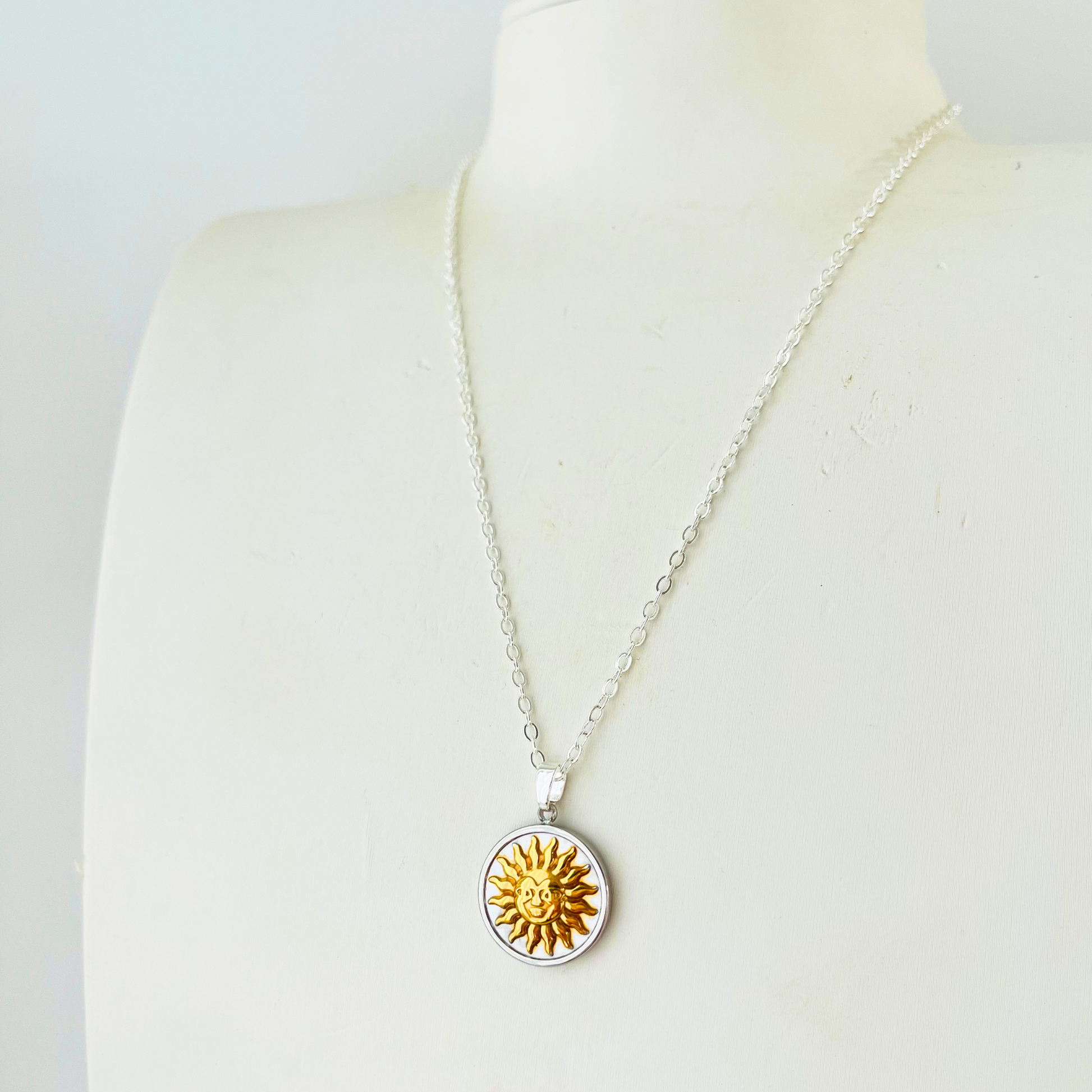 Two-Tone Vintage Sun Necklace | Gold Plated Chain with Water-Resistant Pendant Necklace
