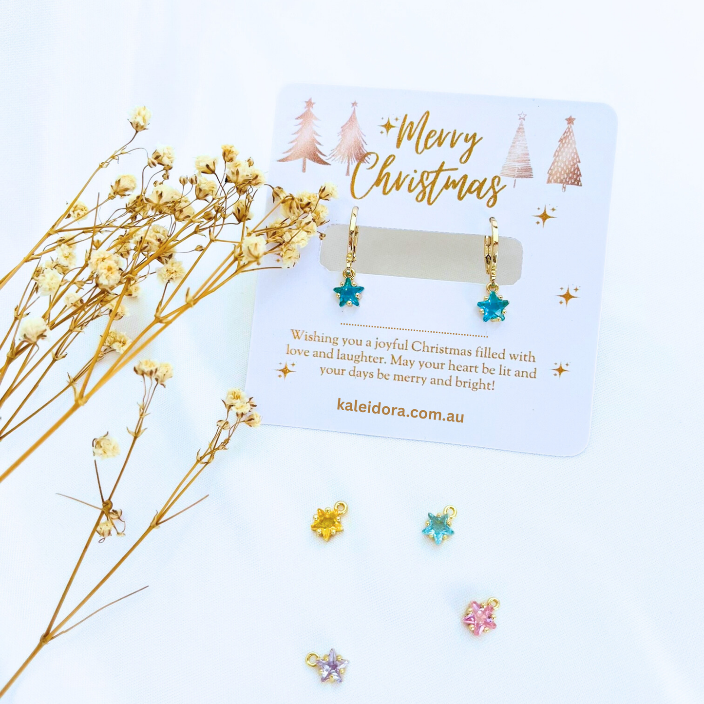 Birthstone Star Earrings with Gold Christmas Card - Jan to Dec - Personalized Gift