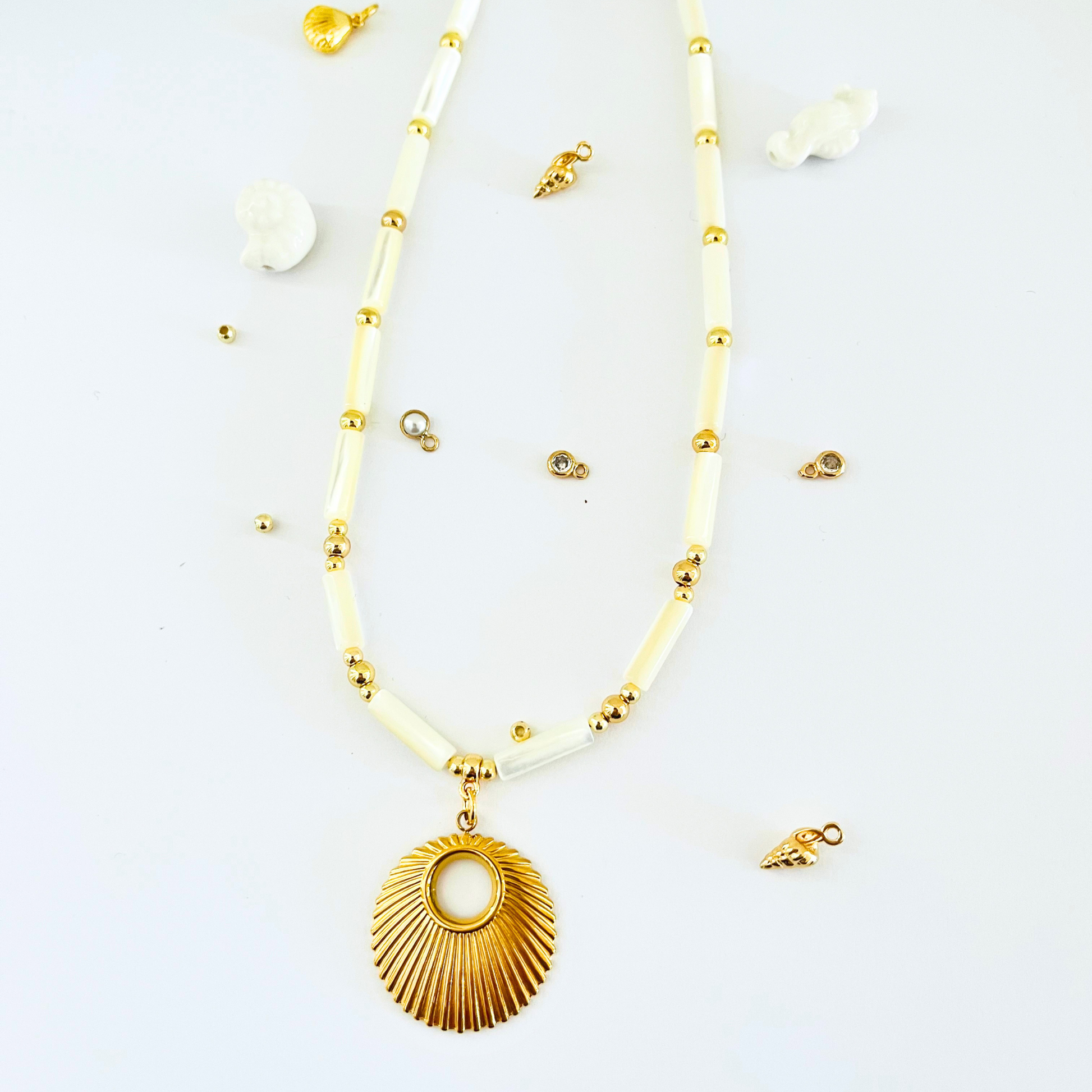 Natural Shell Necklace | Gold Plated Sunburst Pendant Necklace Gemstone Necklace
