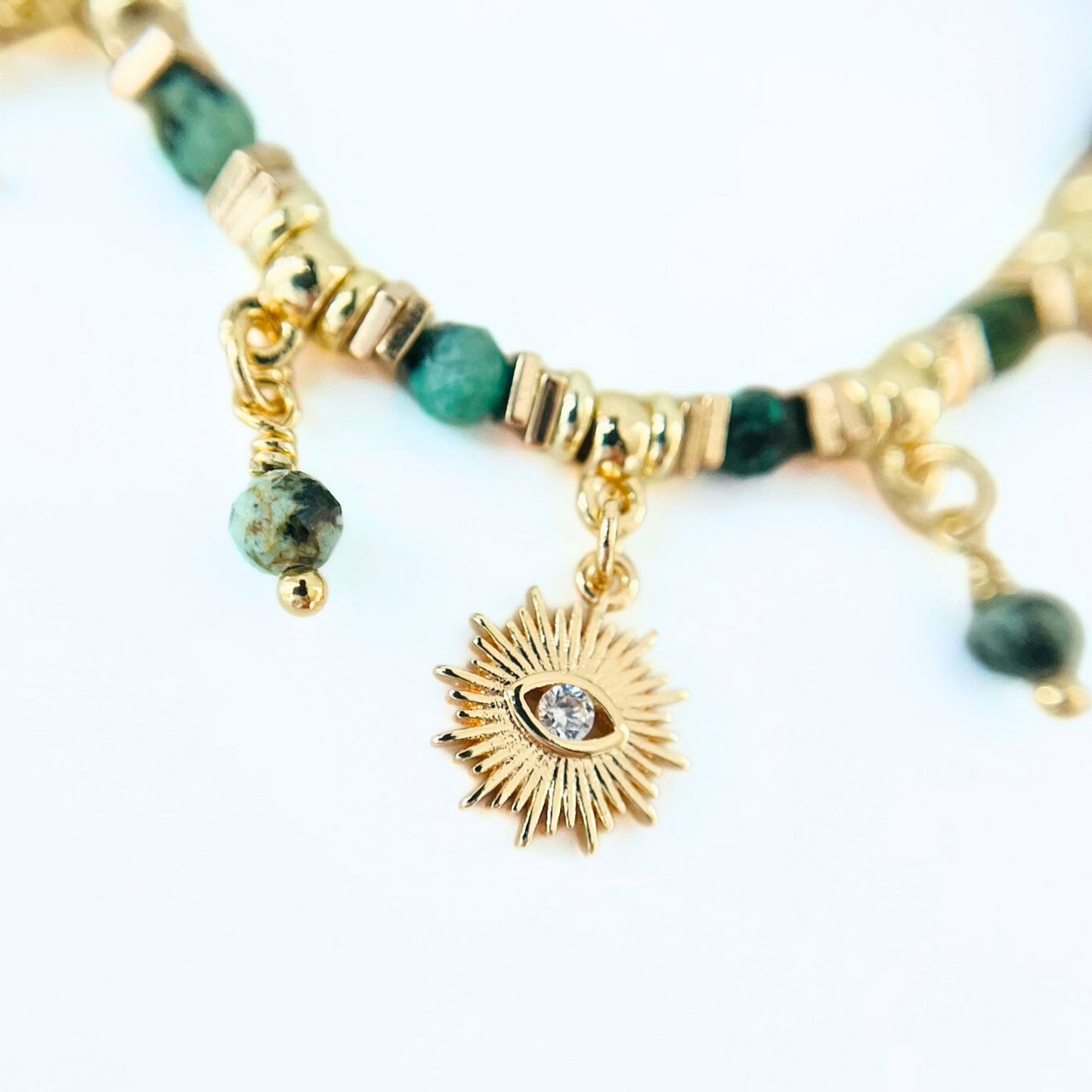 African Turquoise Gemstone Necklace with Evil Eye Sun Moon Star Charms