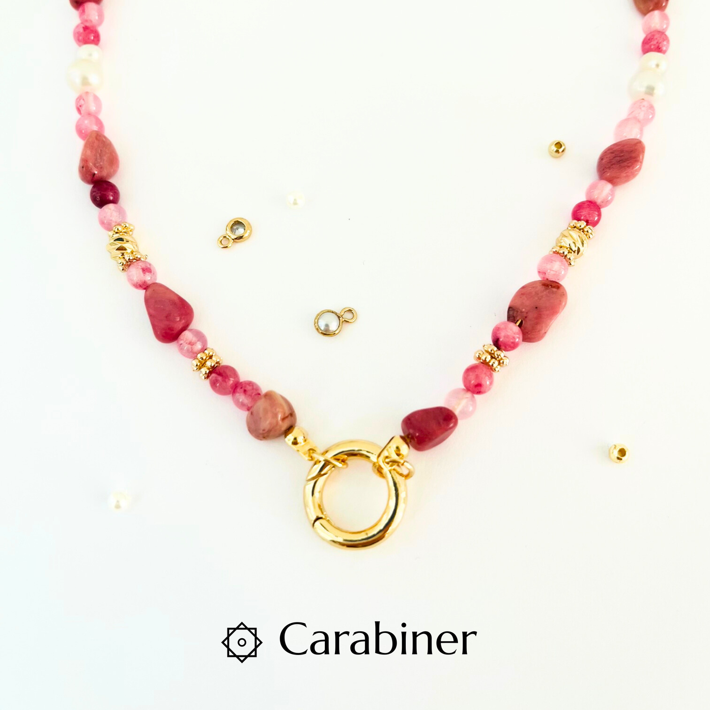 Pink Rhodochrosite and Pearl Natural Gemstone Necklace - Gold Plated Interchangeable Clasp Gemstone Necklace