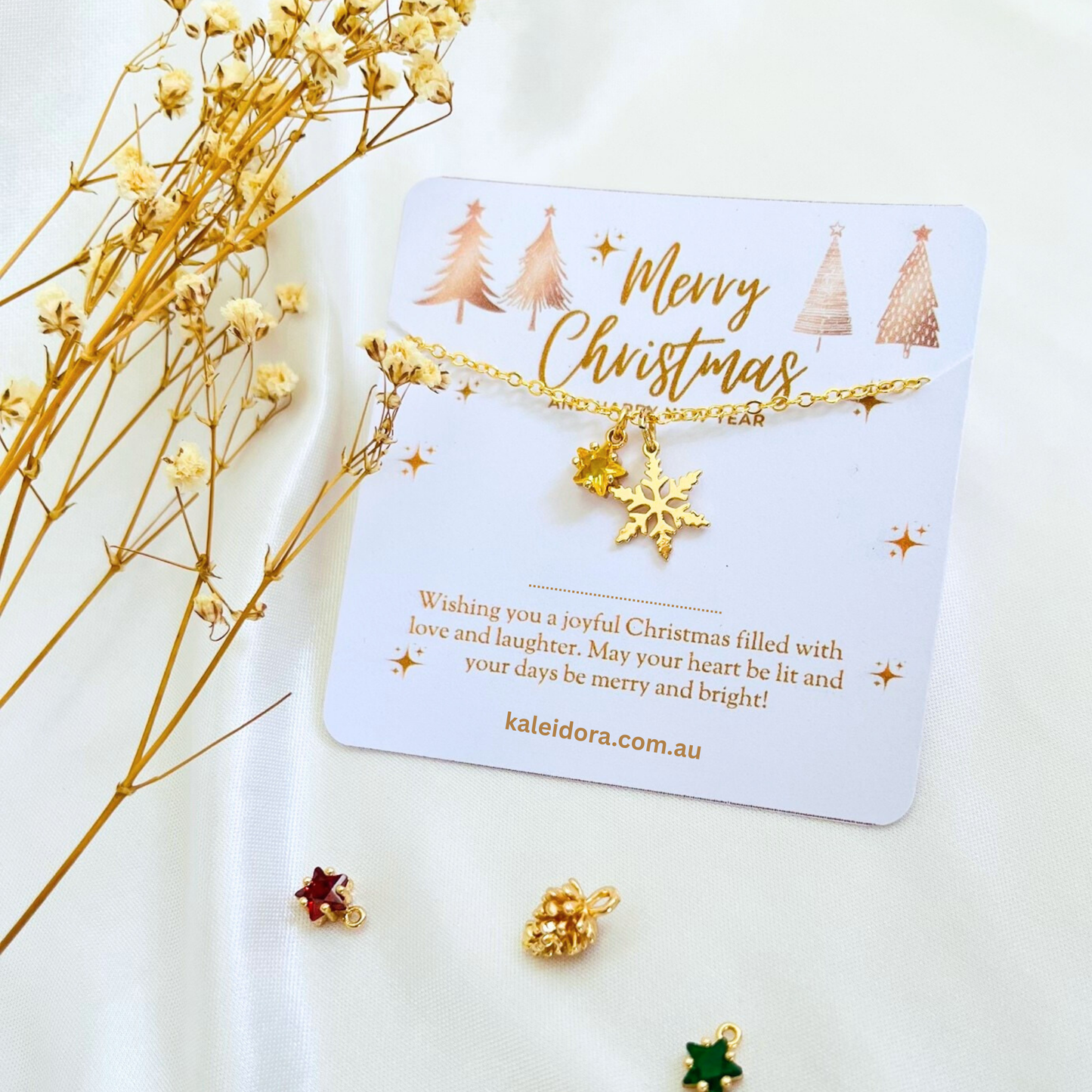 Gold Star Christmas Necklace with Gold Card - Snowflake, Pinecone & Reindeer Charm