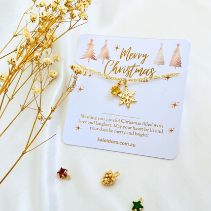 Gold Star Christmas Necklace with Gold Card - Snowflake, Pinecone & Reindeer Charm