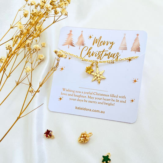 Gold Star Christmas Necklace with Gold Card - Snowflake, Pinecone & Reindeer Charm