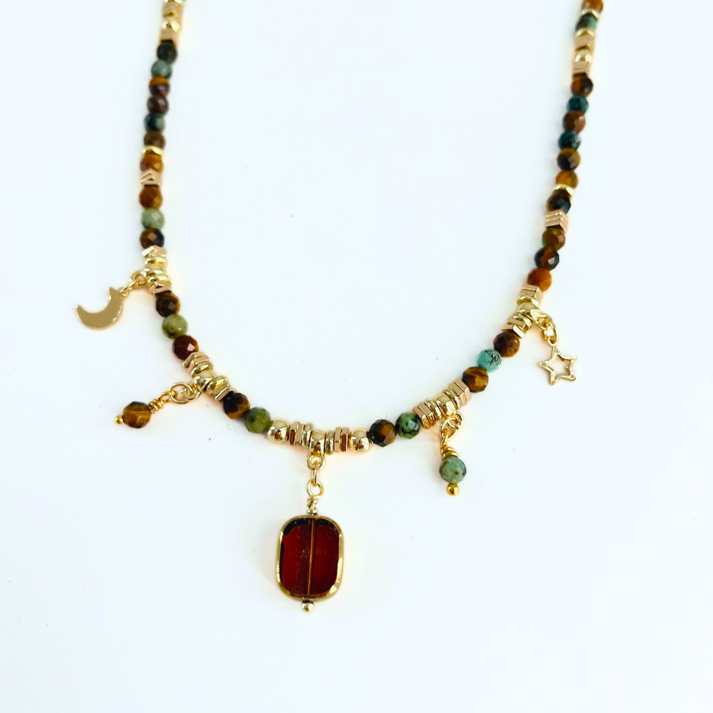 African Turquoise & Tiger Eye Gemstone Necklace - Boho Moon Star Charm
