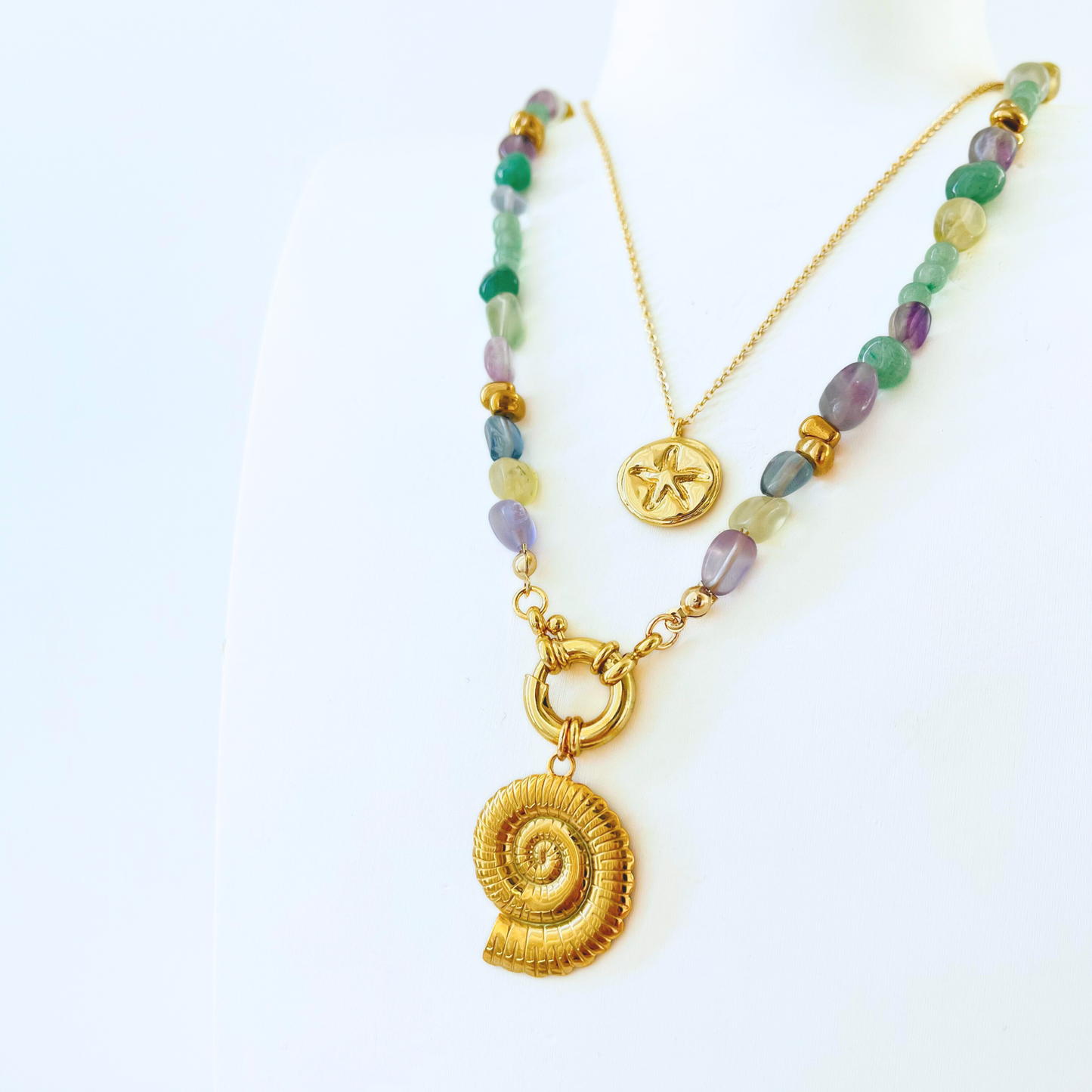 Green Fluorite & Green Aventurine Natural Gemstone Necklace | Gold Plated Interchangeable Clasp Gemstone Necklace