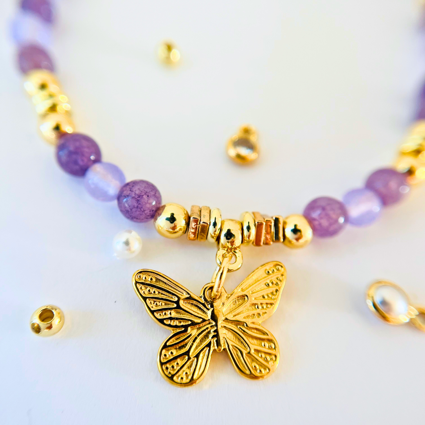 Lavender Purple Chalcedony Gemstone Necklace | Gold Plated Butterfly Pendant & Nugget Pearls Gemstone Necklace