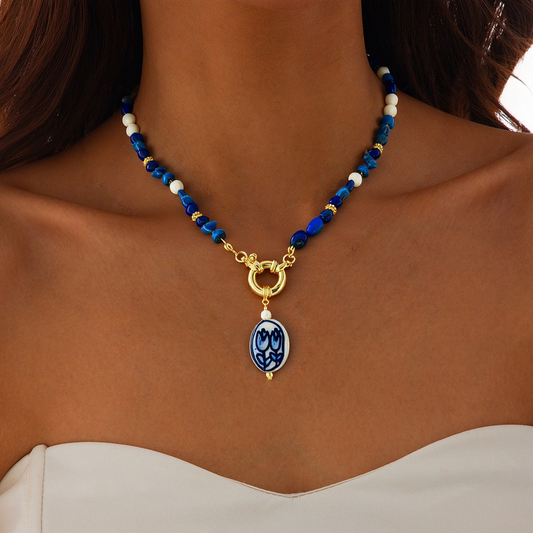 Tulip Flower Porcelain Charm Pendant - Blue & White Interchangeable Pendant