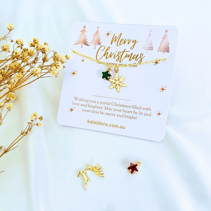 Green Star Christmas Necklace with Gold Card - Snowflake, Pinecone & Reindeer Charm