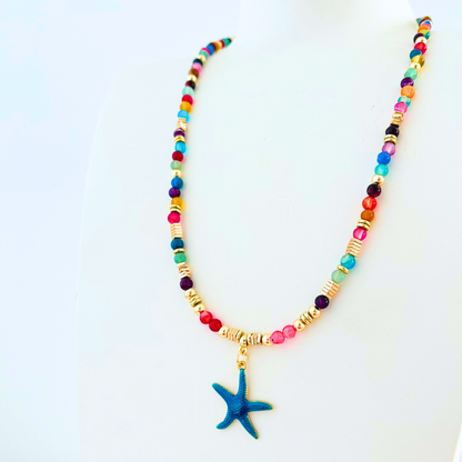 Colourful Agate & Natural Gemstone Necklace | Blue Starfish Pendant | Ocean Collection Gemstone Necklace
