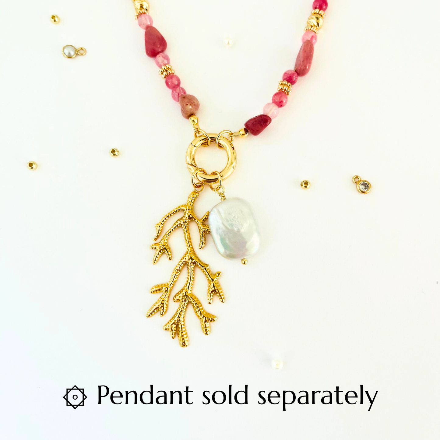 Pink Rhodochrosite and Pearl Natural Gemstone Necklace - Gold Plated Interchangeable Clasp Gemstone Necklace