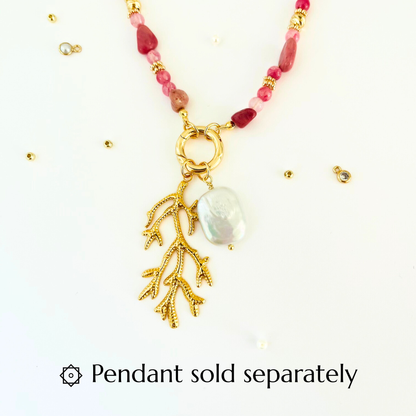 Pink Rhodochrosite and Pearl Natural Gemstone Necklace - Gold Plated Interchangeable Clasp Gemstone Necklace