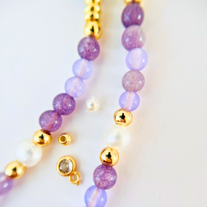 Lavender Purple Chalcedony Gemstone Necklace | Gold Plated Butterfly Pendant & Nugget Pearls Gemstone Necklace