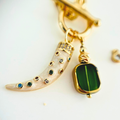 Toggle Clasp Chunky Necklace | Multi-Colour Tusk & Green Glass Bead Pendant | 14K Gold Plated