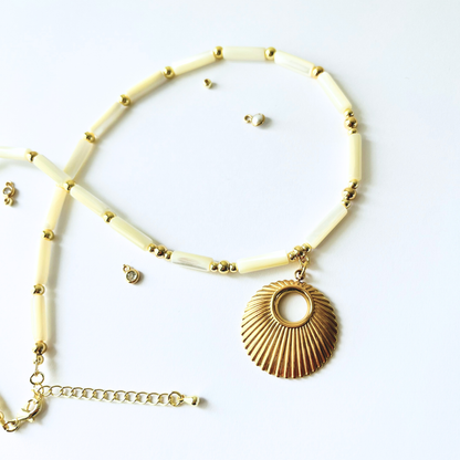 Natural Shell Necklace | Gold Plated Sunburst Pendant Necklace Gemstone Necklace