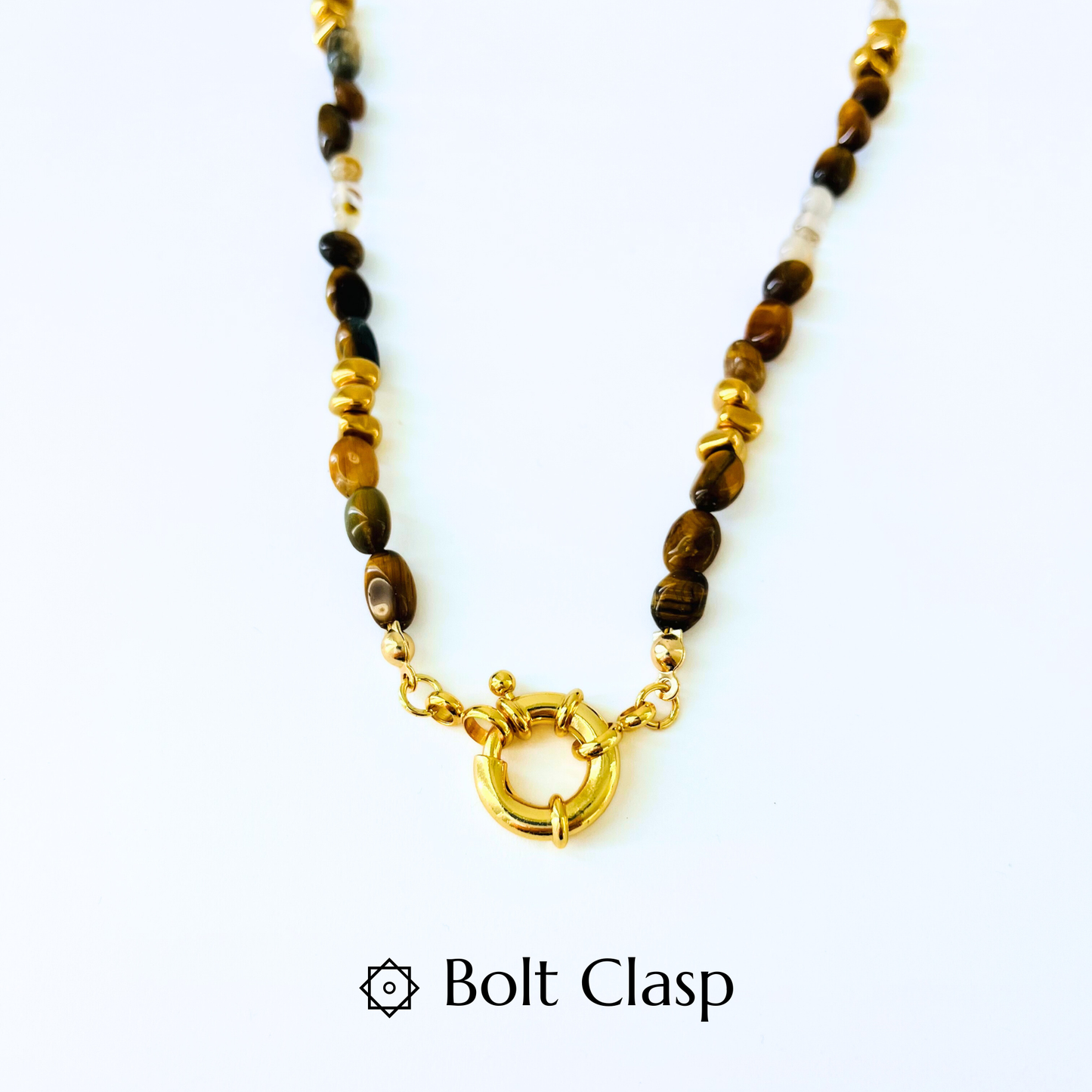 Natural Tiger Eye & Montana Agate Necklace | Gold Bolt Clasp Gemstone Necklace
